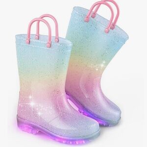 Girls Glitter Light Up Waterproof Rain Boots Toddler Kids with Easy On Handles